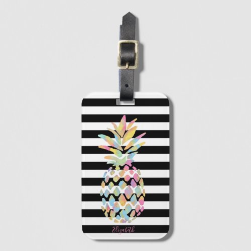 Girly Colorful Pineapple Black White Stripes Luggage Tag
