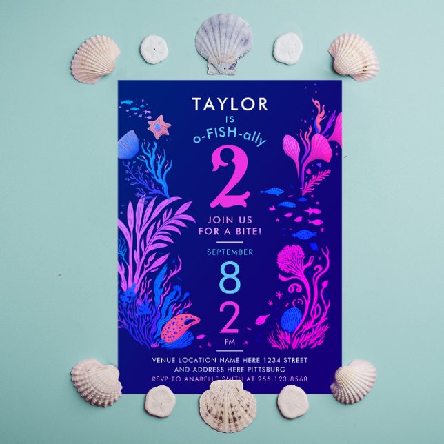 Girly Colorful Pink Blue Ocean Fish Birthday Invitation (Creator Uploaded)