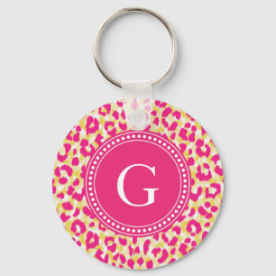 Girly colorful pink cheetah print monogram keychain