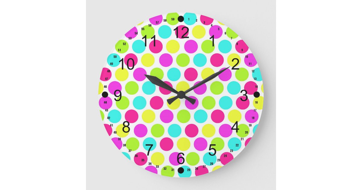 Girly Colorful Polka Dots Pattern for Girls Large Clock | Zazzle