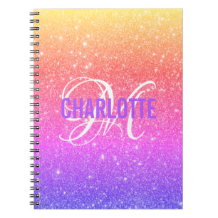 Girly Colorful Rainbow Glitter Monogram Name Notebook
