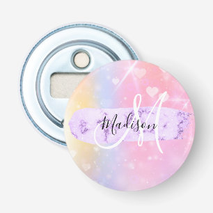 Girly Colorful Unicorn Rainbow Hearts Monogram Bottle Opener