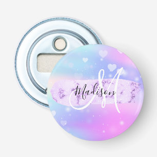 Girly Colorful Unicorn Rainbow Hearts Monogram Bottle Opener