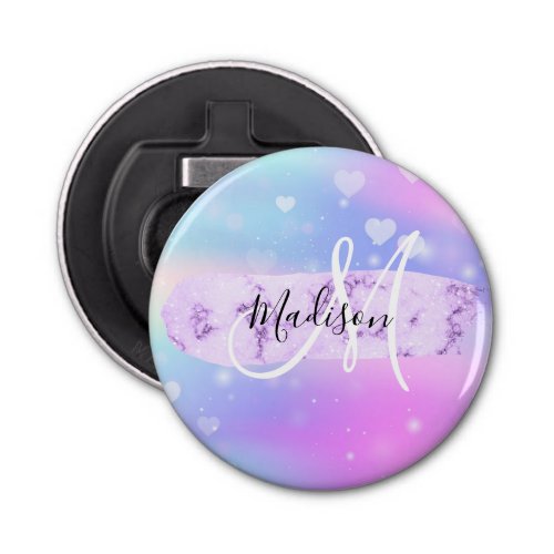 Girly Colorful Unicorn Rainbow Hearts Monogram Bottle Opener