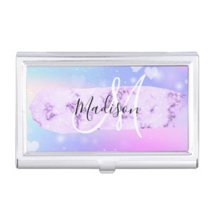 Girly Colorful Unicorn Rainbow Hearts Monogram Business Card Case