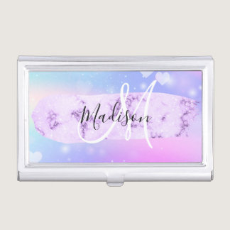Girly Colorful Unicorn Rainbow Hearts Monogram Business Card Case
