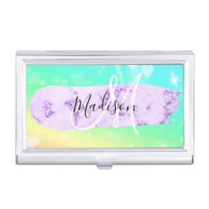 Girly Colorful Unicorn Rainbow Hearts Monogram Business Card Case