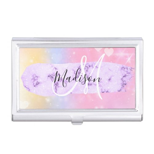 Girly Colorful Unicorn Rainbow Hearts Monogram Business Card Case