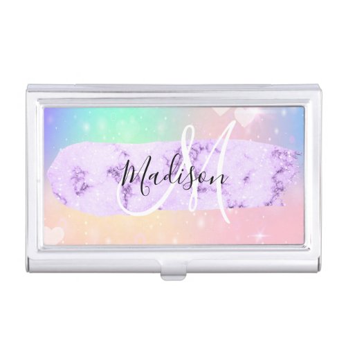 Girly Colorful Unicorn Rainbow Hearts Monogram Business Card Case