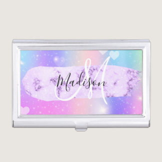 Girly Colorful Unicorn Rainbow Hearts Monogram Business Card Case