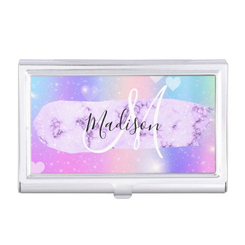 Girly Colorful Unicorn Rainbow Hearts Monogram Business Card Case