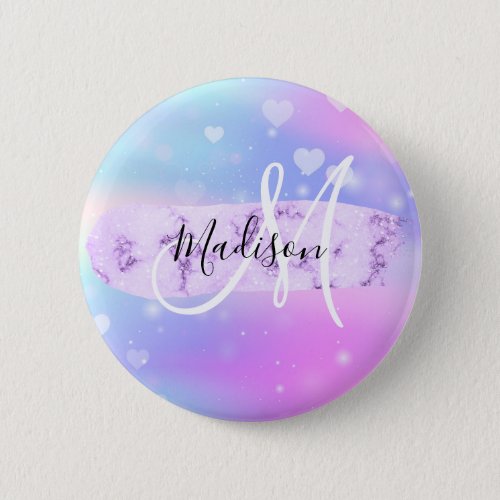 Girly Colorful Unicorn Rainbow Hearts Monogram Button