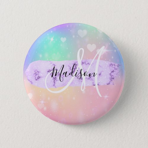 Girly Colorful Unicorn Rainbow Hearts Monogram Button