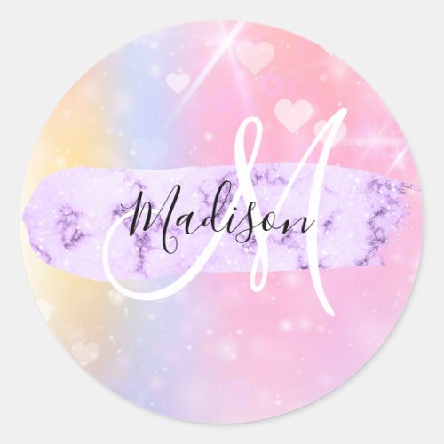 Girly Colorful Unicorn Rainbow Hearts Monogram Classic Round Sticker