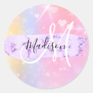 Girly Colorful Unicorn Rainbow Hearts Monogram Classic Round Sticker