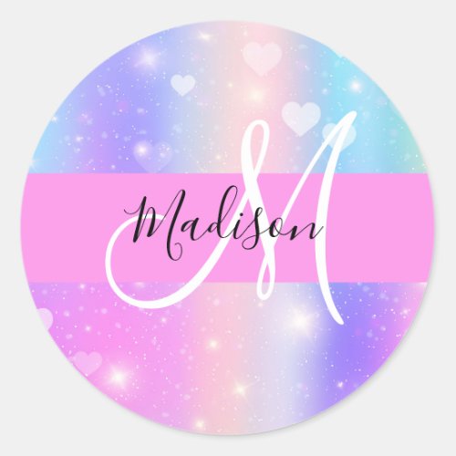 Girly Colorful Unicorn Rainbow Hearts Monogram Classic Round Sticker