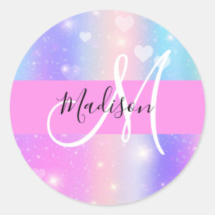 Girly Colorful Unicorn Rainbow Hearts Monogram Classic Round Sticker
