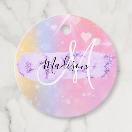 Girly Colorful Unicorn Rainbow Hearts Monogram Favor Tags