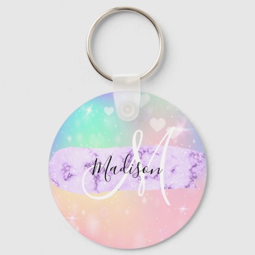 Girly Colorful Unicorn Rainbow Hearts Monogram Keychain