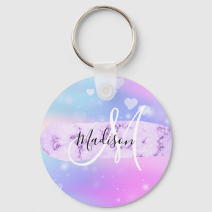Girly Colorful Unicorn Rainbow Hearts Monogram Keychain