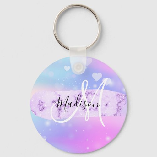 Girly Colorful Unicorn Rainbow Hearts Monogram Keychain