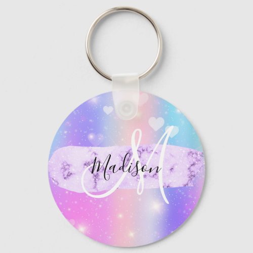 Girly Colorful Unicorn Rainbow Hearts Monogram Keychain