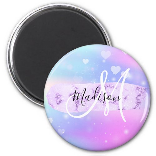 Girly Colorful Unicorn Rainbow Hearts Monogram Magnet