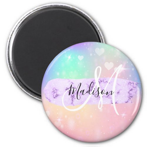 Girly Colorful Unicorn Rainbow Hearts Monogram Magnet