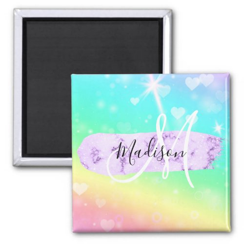 Girly Colorful Unicorn Rainbow Hearts Monogram Magnet