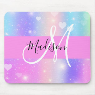 Girly Colorful Unicorn Rainbow Hearts Monogram Mouse Pad