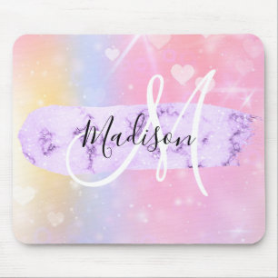 Girly Colorful Unicorn Rainbow Hearts Monogram Mouse Pad
