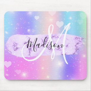 Girly Colorful Unicorn Rainbow Hearts Monogram Mouse Pad