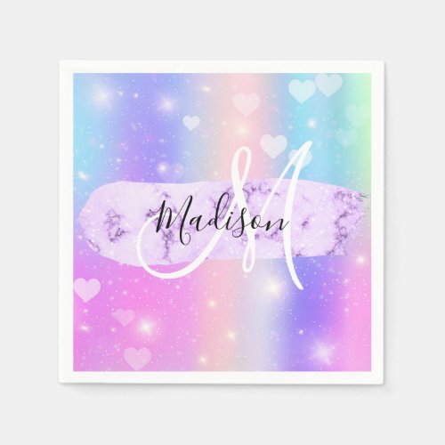 Girly Colorful Unicorn Rainbow Hearts Monogram Napkins