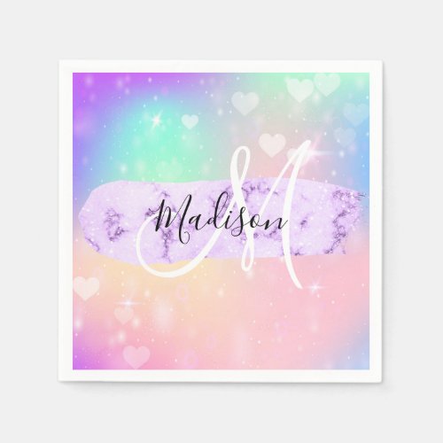 Girly Colorful Unicorn Rainbow Hearts Monogram Napkins