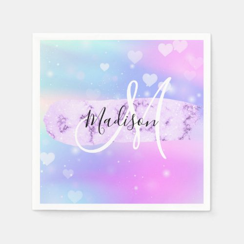 Girly Colorful Unicorn Rainbow Hearts Monogram Napkins