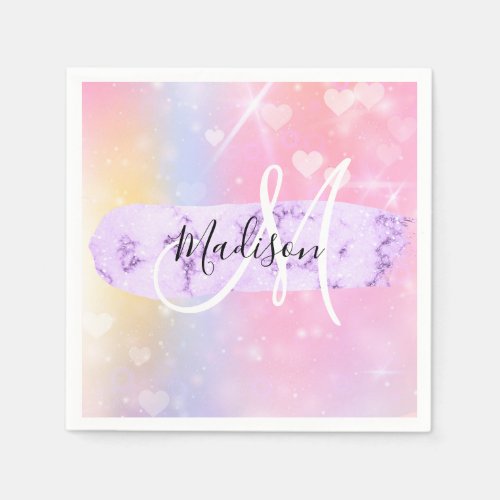 Girly Colorful Unicorn Rainbow Hearts Monogram Napkins