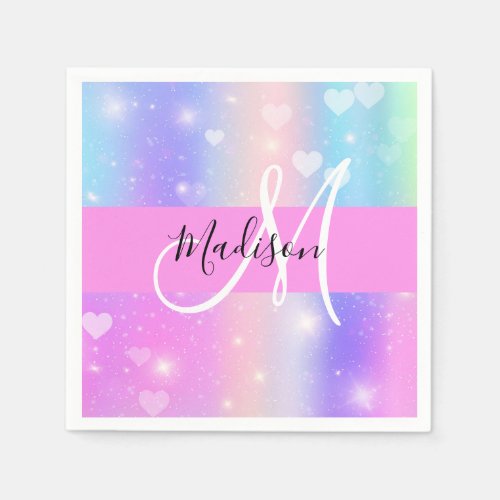 Girly Colorful Unicorn Rainbow Hearts Monogram Napkins