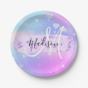 Girly Colorful Unicorn Rainbow Hearts Monogram Paper Plates