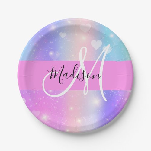 Girly Colorful Unicorn Rainbow Hearts Monogram Paper Plates