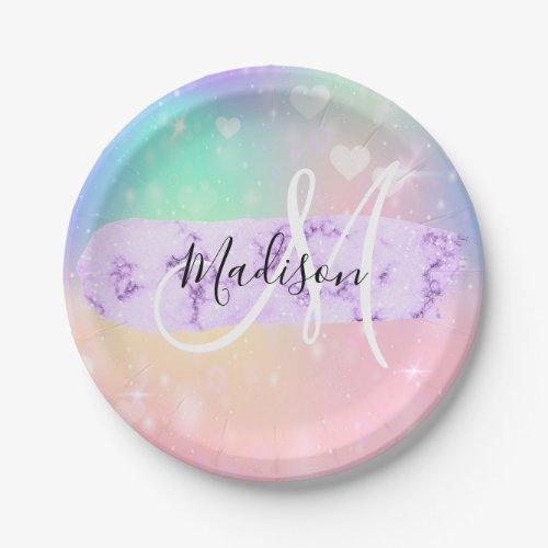 Girly Colorful Unicorn Rainbow Hearts Monogram Paper Plates