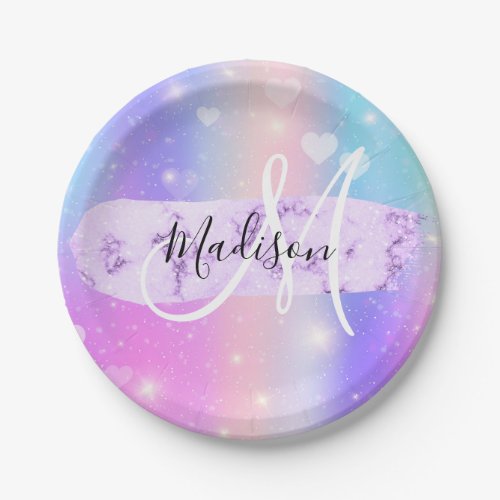 Girly Colorful Unicorn Rainbow Hearts Monogram Paper Plates