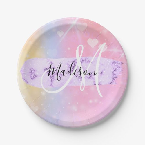 Girly Colorful Unicorn Rainbow Hearts Monogram Paper Plates