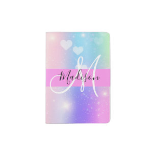Girly Colorful Unicorn Rainbow Hearts Monogram Passport Holder