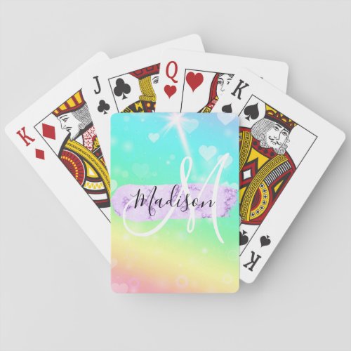 Girly Colorful Unicorn Rainbow Hearts Monogram Playing Cards