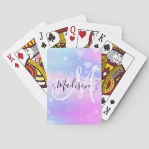 Girly Colorful Unicorn Rainbow Hearts Monogram Poker Cards