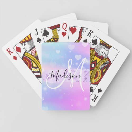 Girly Colorful Unicorn Rainbow Hearts Monogram Poker Cards