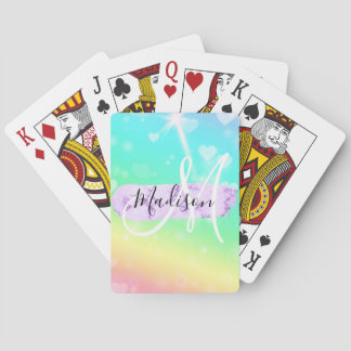 Girly Colorful Unicorn Rainbow Hearts Monogram Poker Cards