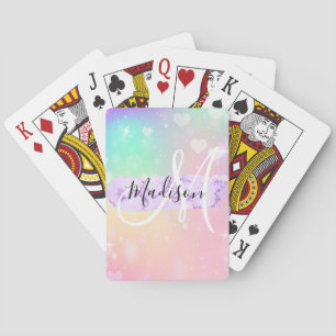 Girly Colorful Unicorn Rainbow Hearts Monogram Poker Cards