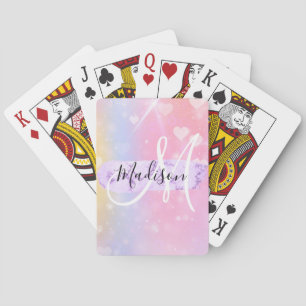 Girly Colorful Unicorn Rainbow Hearts Monogram Poker Cards