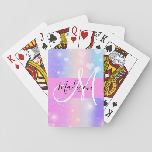Girly Colorful Unicorn Rainbow Hearts Monogram Poker Cards
